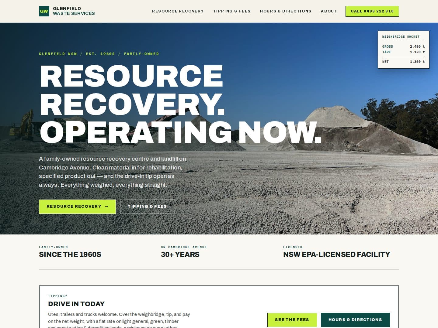 Homepage of the Glenfield Waste Services site we designed and built — a family-owned resource recovery centre and landfill in Glenfield, Sydney
