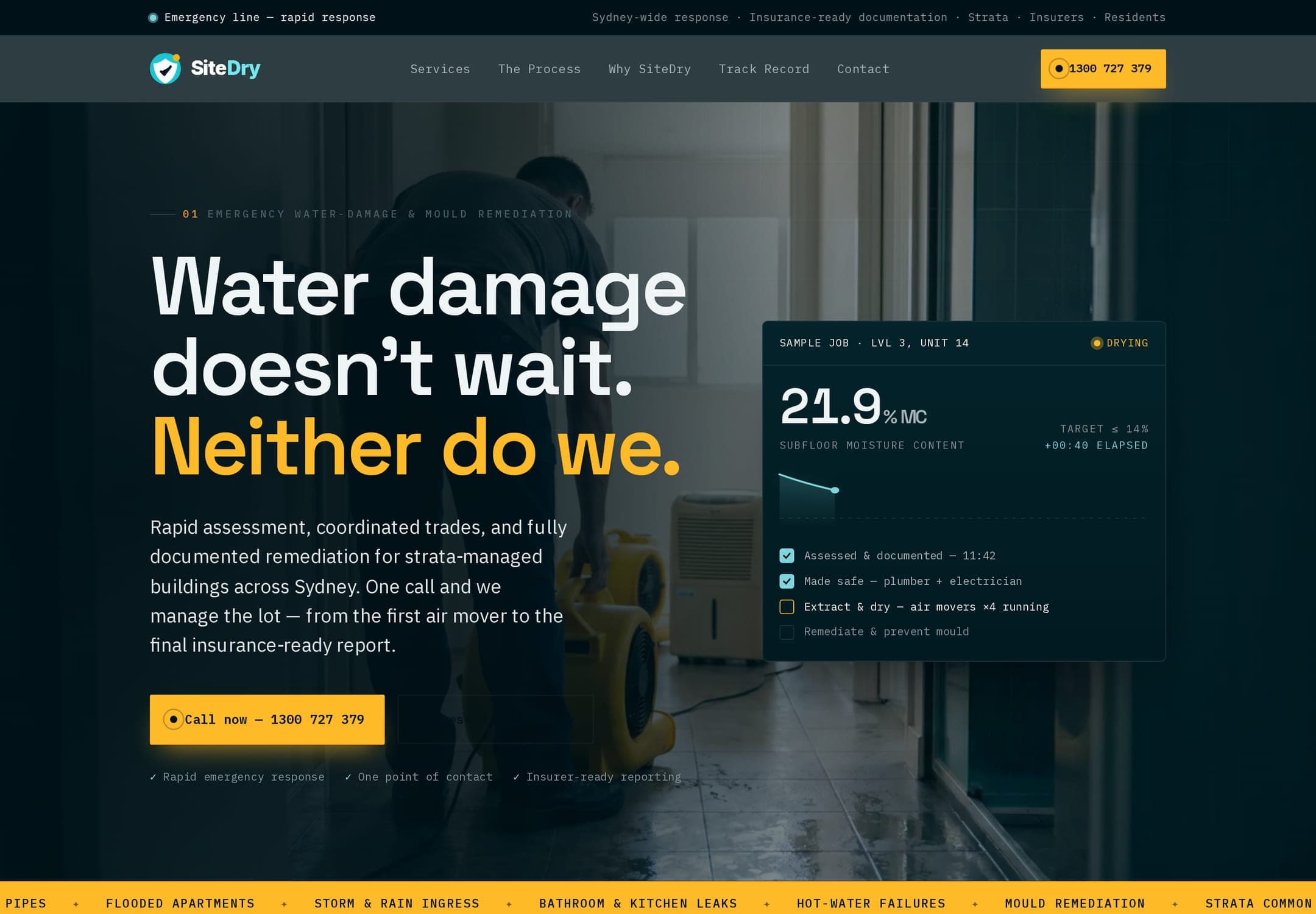 The homepage of SiteDry, a Sydney water-damage and mould remediation business — a site we designed and built