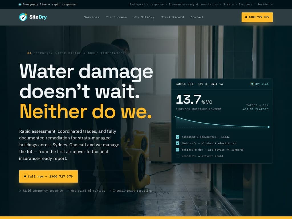 Homepage of the SiteDry site we designed and built — emergency water damage and mould remediation, Sydney